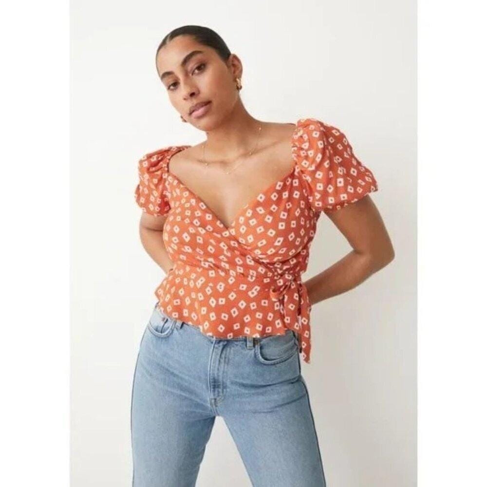 NWT & Other Stories Puff Sleeve Wrap Blouse in Orange Squares Size EU42/USMED - Picture 1 of 8